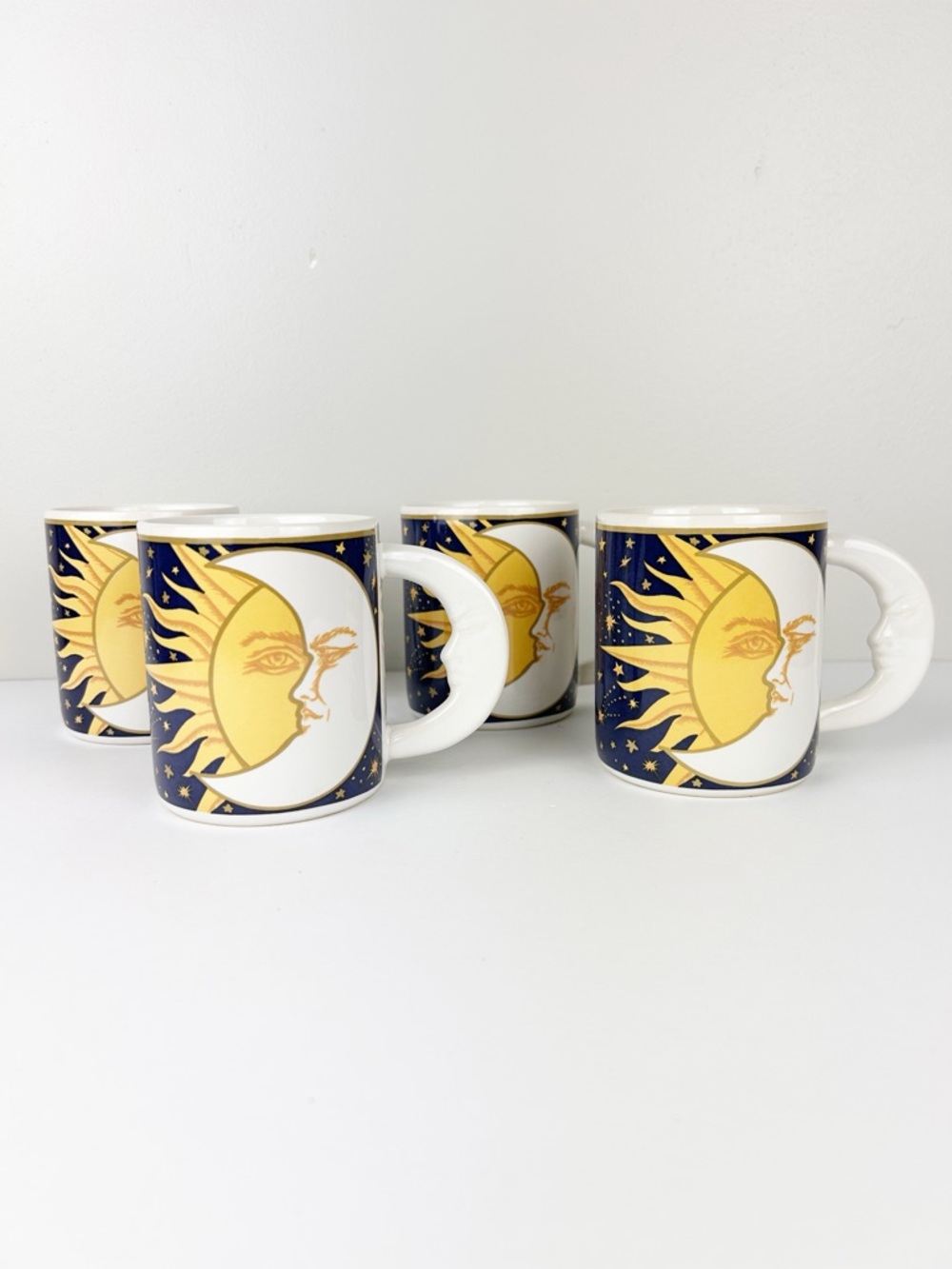 Vtg Vitromaster Galaxy Celestial Mug Sun Moon Stars 1993 Set Of 4 Moon Handle